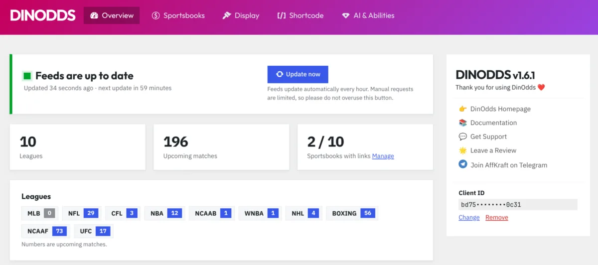 The DinOdds Overview tab showing the feed status, leagues and where odds tables are used