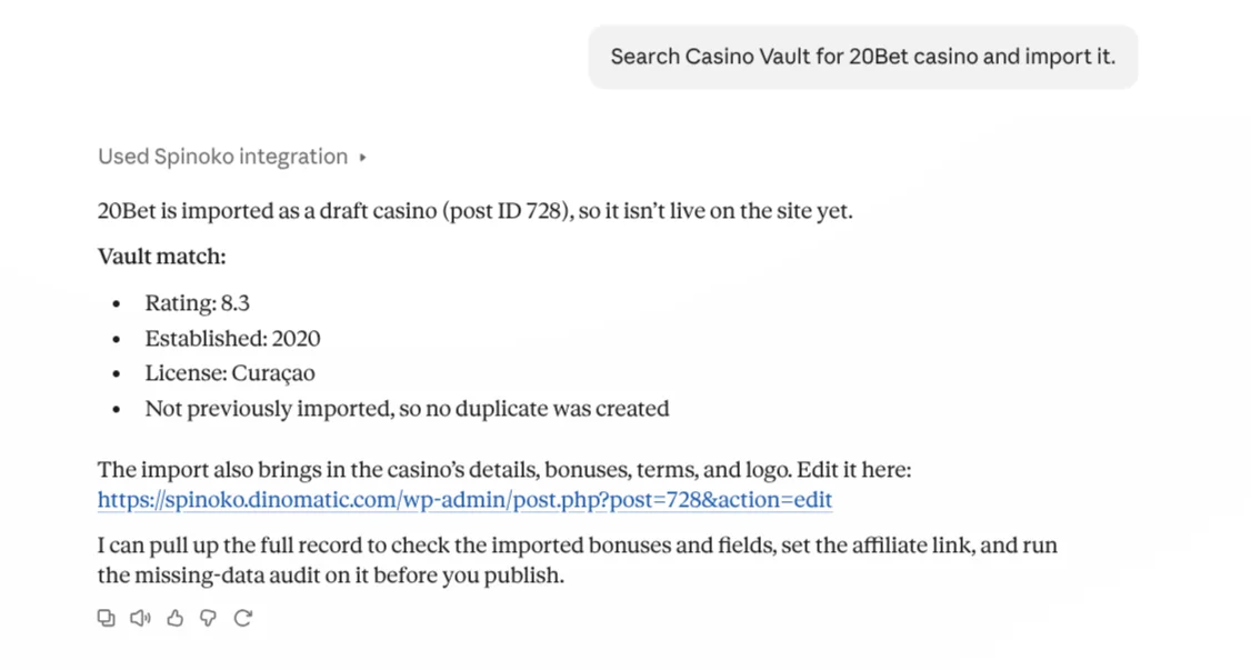 Claude importing 20Bet from Casino Vault as a draft casino with rating 8.3, established 2020 and a Curacao license