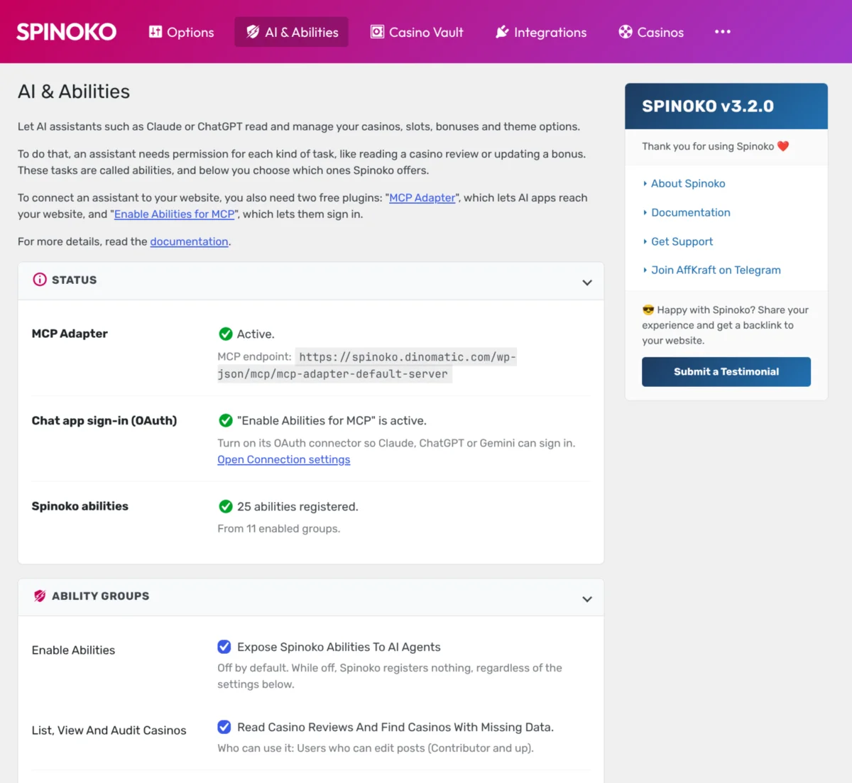 The Spinoko AI & Abilities admin page showing MCP Adapter active, chat app sign-in active and 25 abilities registered from 11 enabled groups