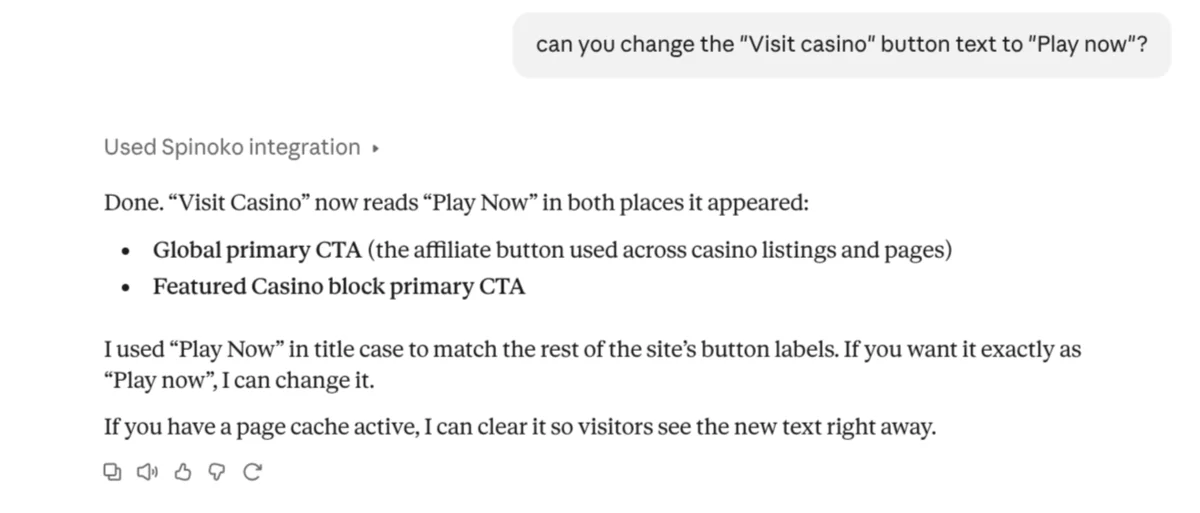 Claude changing the Visit Casino button label to Play Now in the global primary CTA and the Featured Casino block