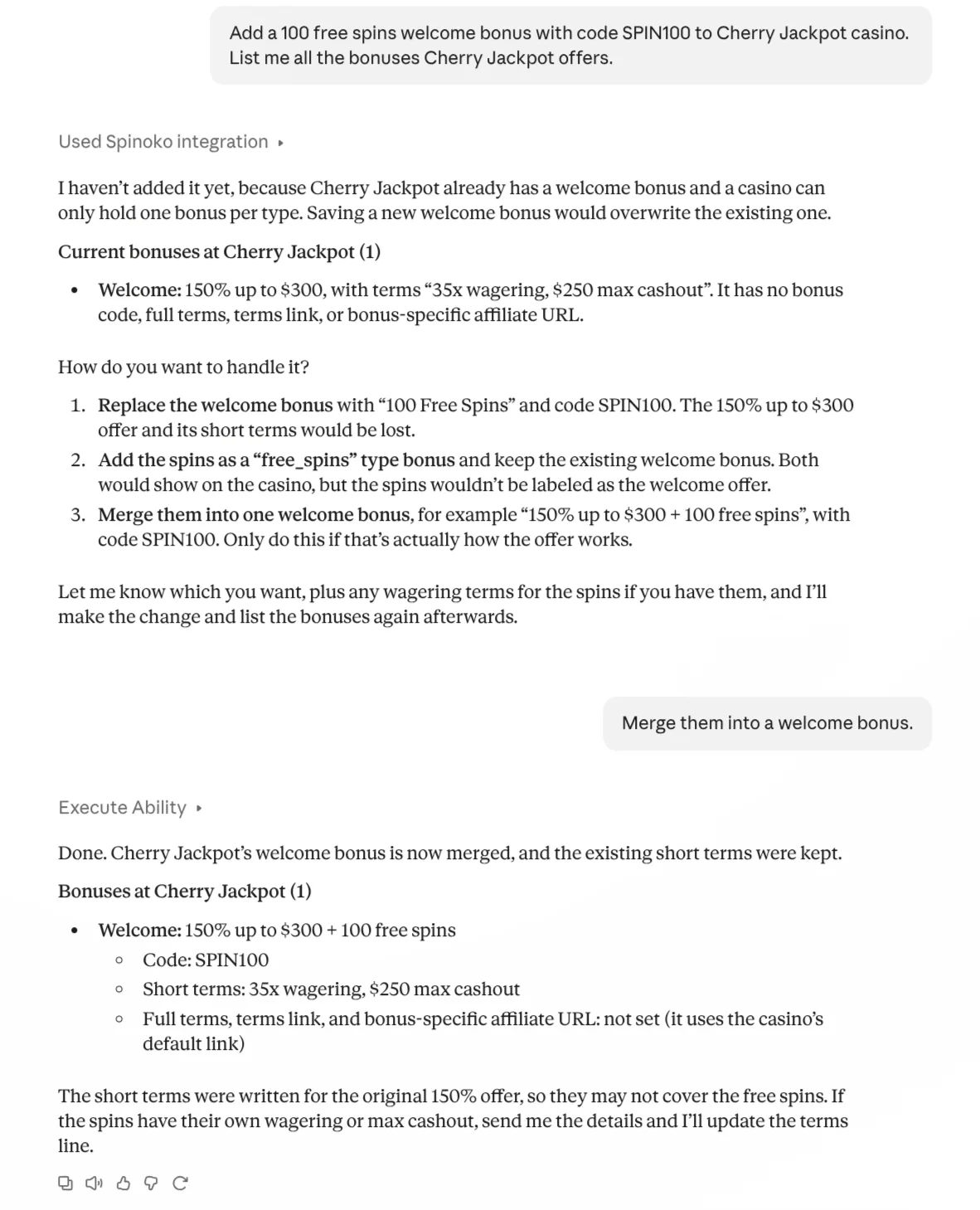 Claude explaining that Cherry Jackpot already has a welcome bonus and offering three options, then merging them into one welcome bonus with code SPIN100