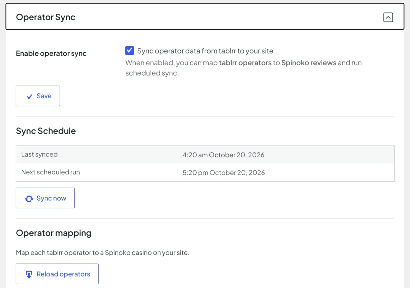Operator Sync section with sync schedule and Sync now button