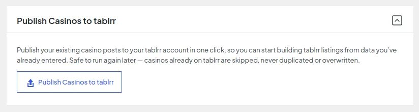 Publish Casinos to tablrr section in the tablrr plugin settings